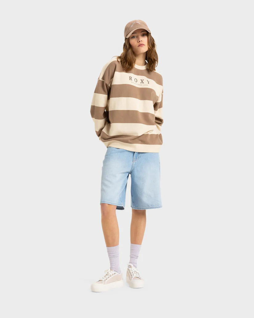 Roxy strictly stripes oversized crew- Brown