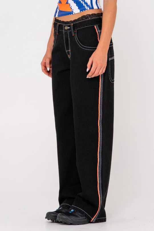 Rusty flip mommy low rise wide leg denim pant black out/orange