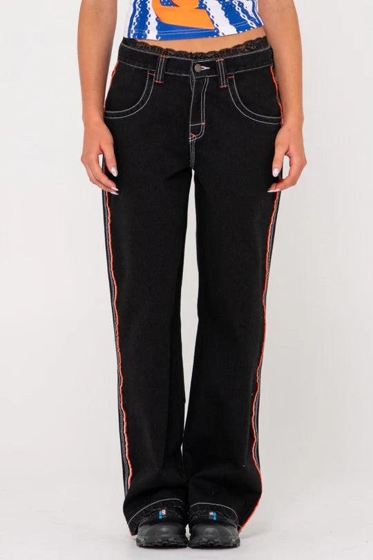 Rusty flip mommy low rise wide leg denim pant black out/orange