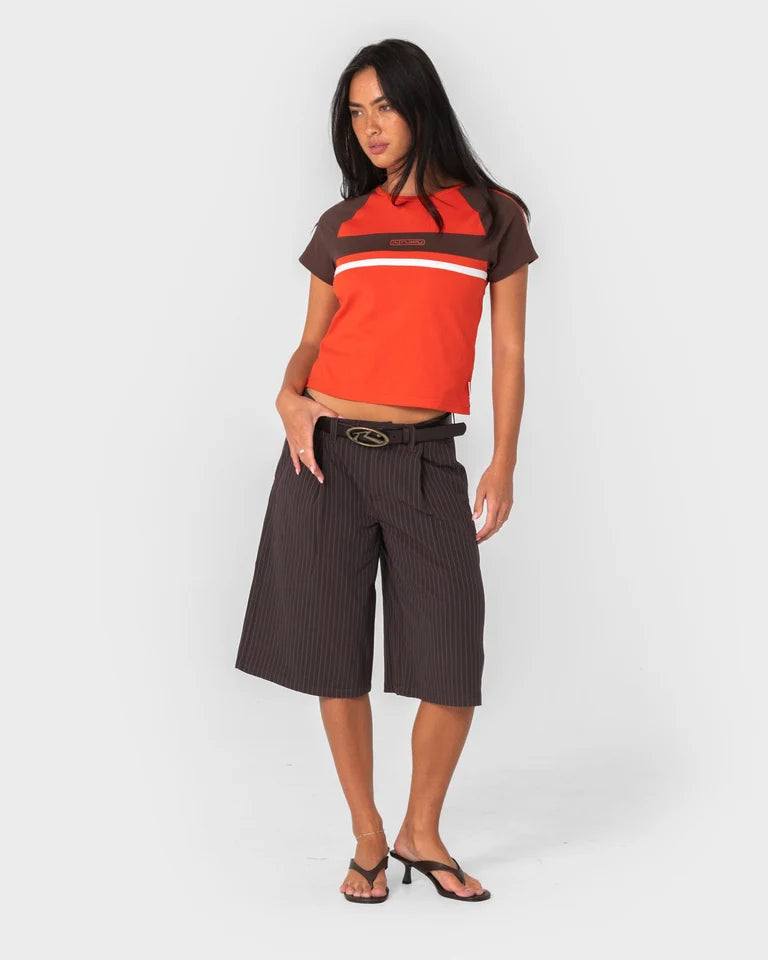 Rusty Big Bad Finance Mommy Low Rise Baggy Short | Java Pinstripe