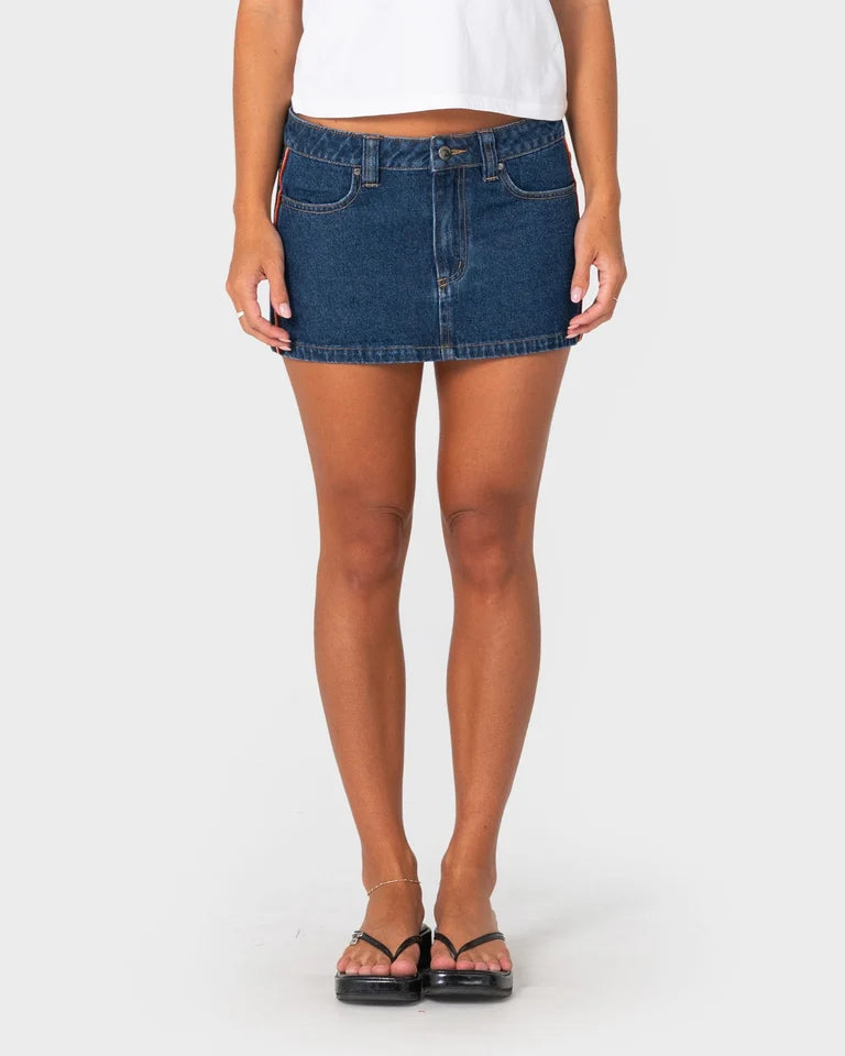 Rusty Flip Mommy Low RIse Mini Denim Skirt 2.0 l Deep Sea Blue/Orange