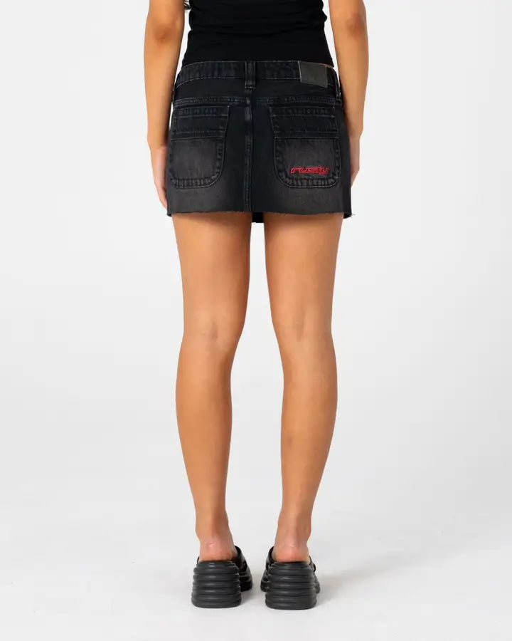 Rusty Flip Mommy Raw Low Rise Mini Denim Skirt l Blasted Black/Red