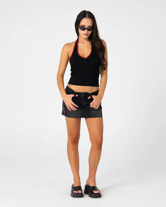 Rusty Flip Mommy Raw Low Rise Mini Denim Skirt l Blasted Black/Red