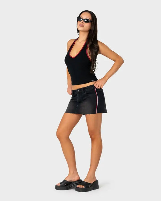 Rusty Flip Mommy Raw Low Rise Mini Denim Skirt l Blasted Black/Red